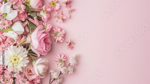 Banner with flowers on light pink background. Greeting card template for Wedding  mothers or womans day. Springtime composition with copy space. Flat lay style