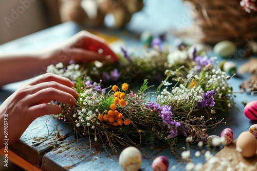 Handmade easter wreath with colored eggs and spring flowers. Creative workshop idea photo