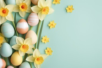 Easter pastel background with colorful easter eggs and daffodils