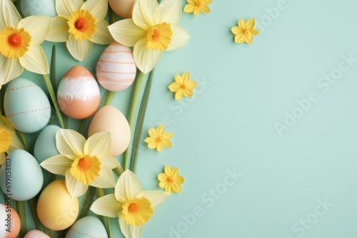 Easter pastel background with colorful easter eggs and daffodils photo