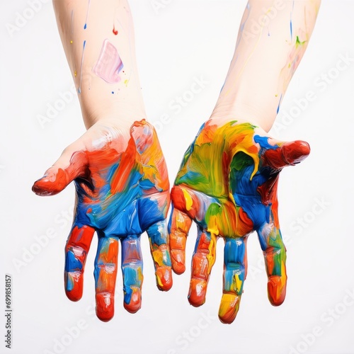Hands dirty with paint, white background