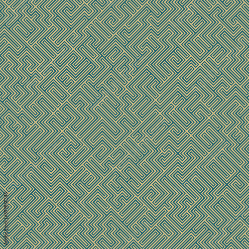 Seamless abstract geometric pattern. Intricate labyrinth design with intersecting thick and thin green diagonal lines. Modern style design.