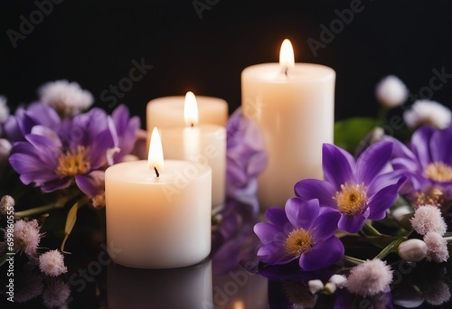 Burning candles and flowers on black background with space for text Funeral concept