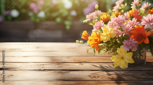 Spring/summer bouquet of flowers scene with old wooden table background