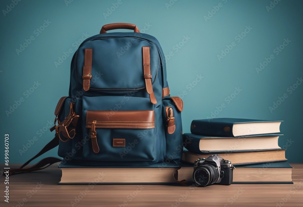 Full school backpack with books isolated on blue background with copy space Back to School concept Full school backpack with books isolated on blue background with copy space Back to School concept