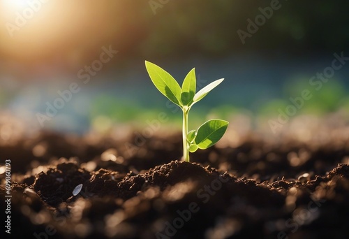 The seedling are growing from the rich soil to the morning sunlight that is shining ecology concept photo