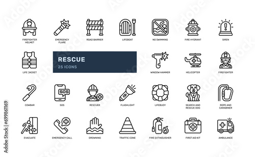 rescue emergency evacuation secure detailed outline line icon set