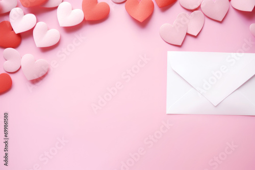 Red and Pink Paper Hearts on Pink Background with White Envelope