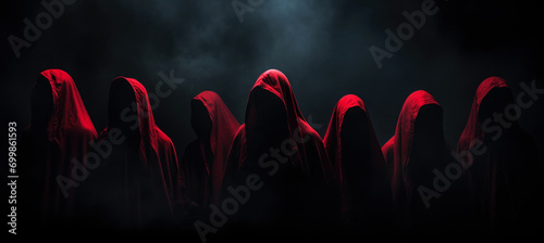 Group of People in Red Hooded Cloaks, No face, Mystery Conspiracy Concept