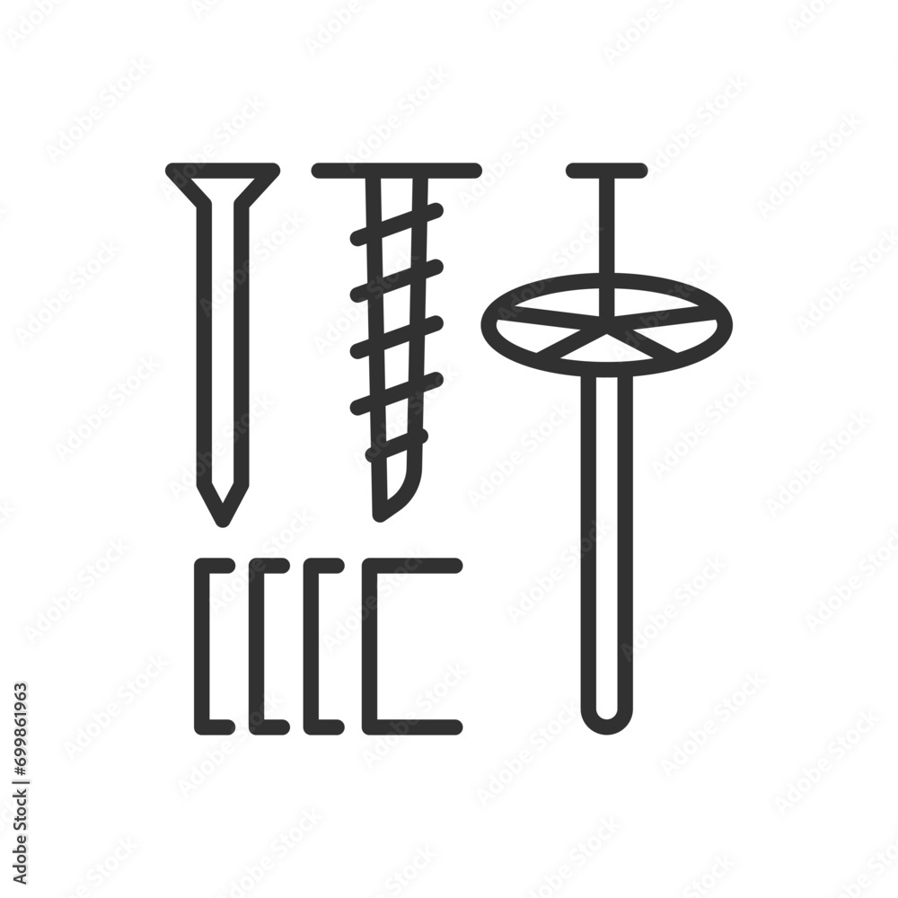 Tools for fixing thermal insulation material, linear icon. Line with editable stroke Tools for fixing thermal insulation material, linear icon. Line with editable stroke