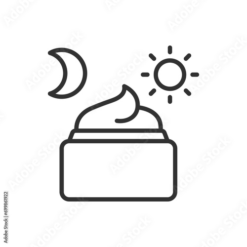 Cream for day and night use, linear icon, sun and moon. Line with editable stroke