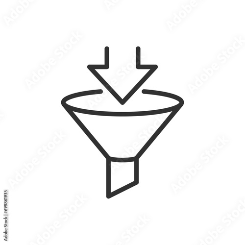 Funnel with arrow, linear icon. Directional movement into the funnel. Line with editable stroke