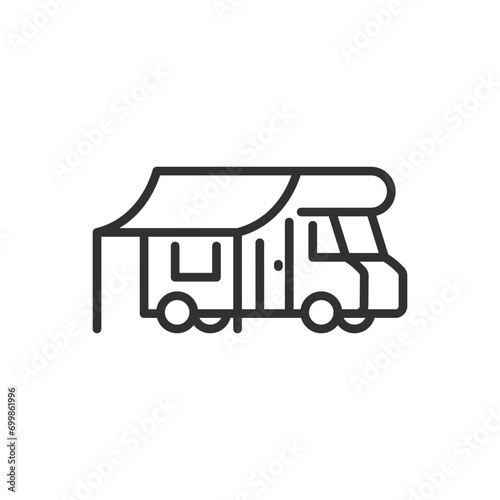 Motorhome with tent, linear icon. Line with editable stroke