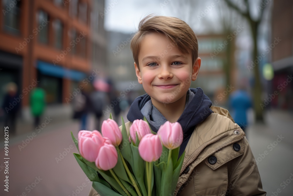Fototapeta premium A boy smiling and holding a bouquet of pink tulips. The concept of March 8. Women's Day