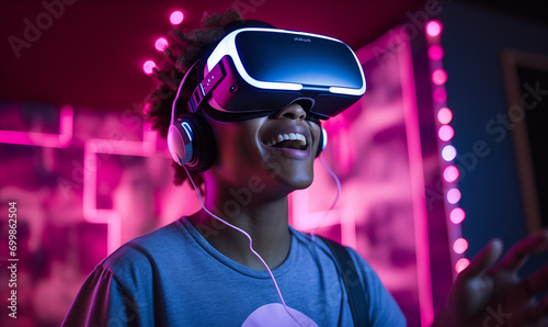 Black African American gen z teenager gaming with a VR headset