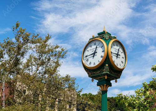 Four-sided street clock in Washington Square, Brookline, MA, USA