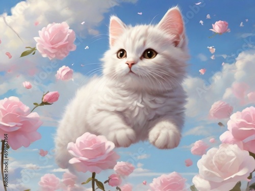 white cat and with pink flowers