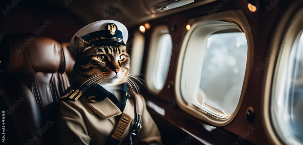 cat pilot in an airplane pilot uniform on an airplane