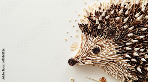 A beautifully crafted paper quilling hedgehog, with detailed spines in browns and creams, positioned on the right side of the frame, leaving space on the left for text. photo