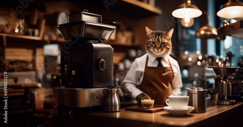 Fotomurale cat barista in a coffee shop in a barista uniform, concept of work in a cafe coffee shop restaurant