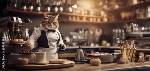 cat barista in a coffee shop in a barista uniform, concept of work in a cafe coffee shop restaurant. photo