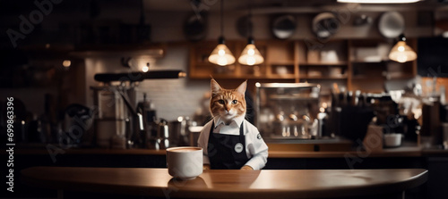 cat barista in a coffee shop in a barista uniform, concept of work in a cafe coffee shop restaurant.