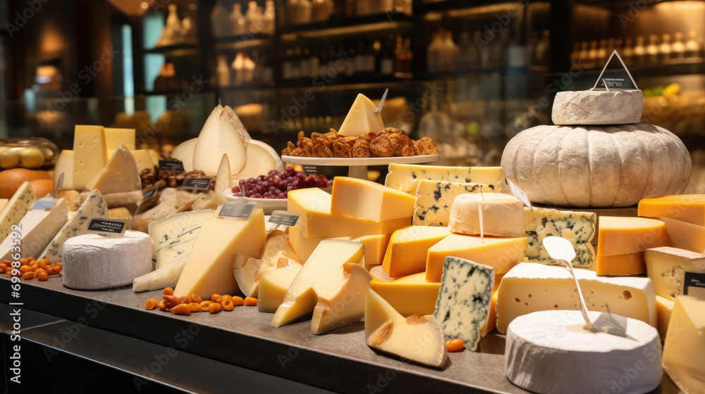 showcase with different cheeses, Maasdam, Camembert, Parmesan, ricotta