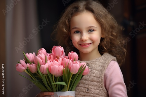 A girl smiling and holding a bouquet of pink tulips. The concept of March 8. Women's Day