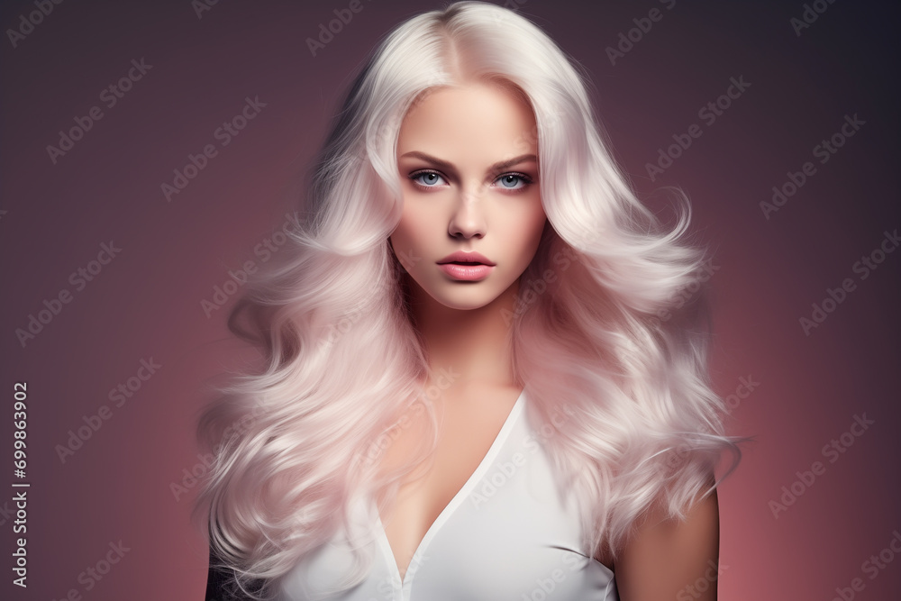 Beautiful girl with long blonde hair on pink background. Glossy groomed white hair coiffure.