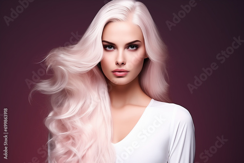 Beautiful girl with long blonde hair on pink background. Glossy groomed white hair coiffure.