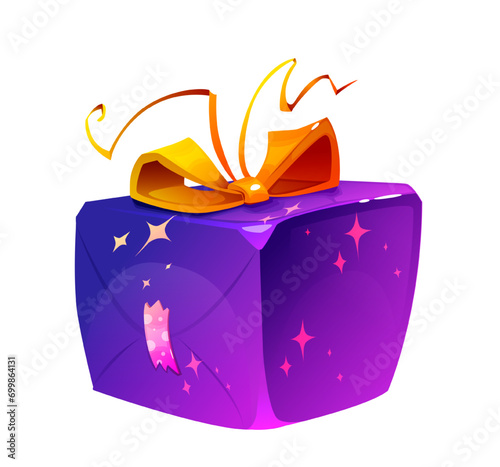 Colorful gift box. Bright icon with surprise or prize in purple package with ribbon. Present for holiday. Reward for online game interface. Cartoon 3D vector illustration isolated on white background