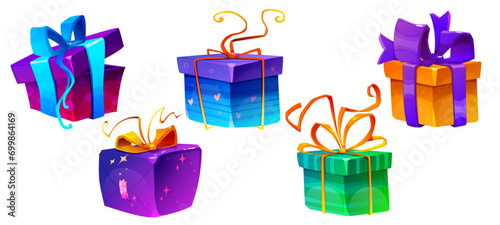 Set of colorful gift boxes. Bright icons with present, bonus or surprise for video games or online casinos. Birthday or Christmas celebration. Cartoon 3D vector collection isolated on white background