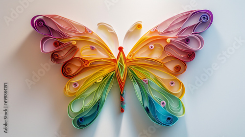 A vibrant paper quilling butterfly with intricate wings in a spectrum of colors, set against a soft, neutral background. photo