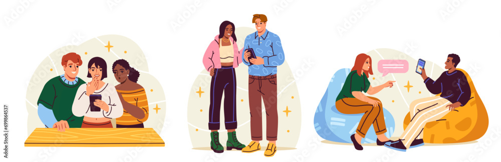Set of people with smartphones. Group of friends watch video on phone, share news and point to screen. Happy men and women use devices. Cartoon flat vector collection isolated on white background