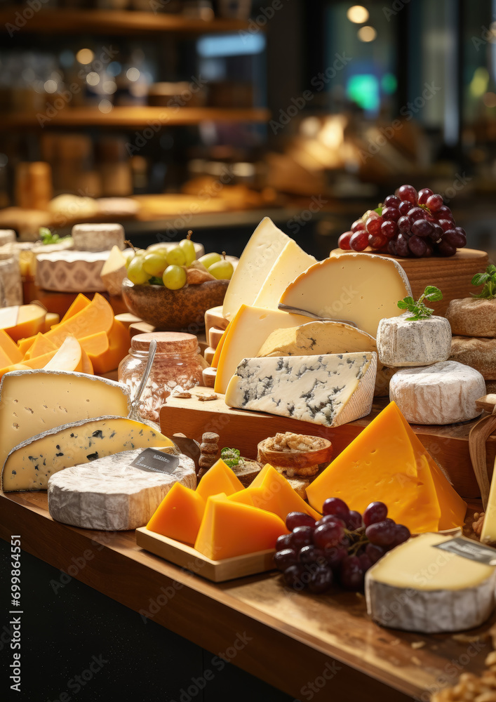 showcase with different cheeses, Maasdam, Camembert, Parmesan, ricotta, Brie, Dor Blue, Gouda, Feta, Swiss, shop, restaurant, cheese factory, cheddar, dairy products