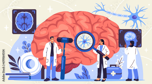 Medical Research of Human Brain. Group of young scientists and doctors diagnoses cerebral hemispheres. Computed tomography of head or study of and nervous system. Cartoon flat vector illustration