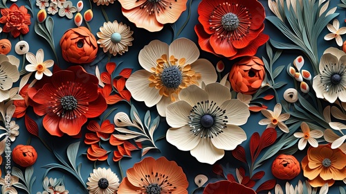 Seamless pattern of a 3D illustration featuring paper quilling of wildflower poppy floral, a floral paper filigree seamless pattern. 
 photo