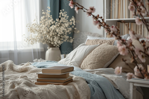 Refreshing Spring Morning in a Bedroom Adorned with Blossoms and Books