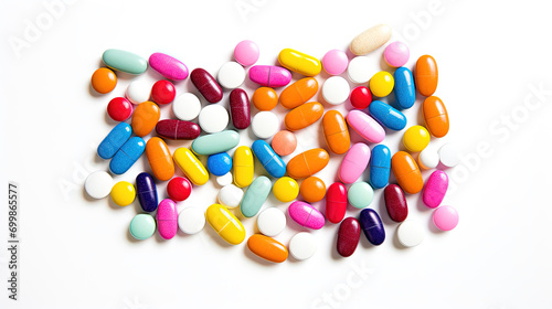 Multicolored pills and tablets isolated on white. Medical background, front view, healthcare and medicine concept. Heap of medicine pills. Background from colorful pills and capsules. 