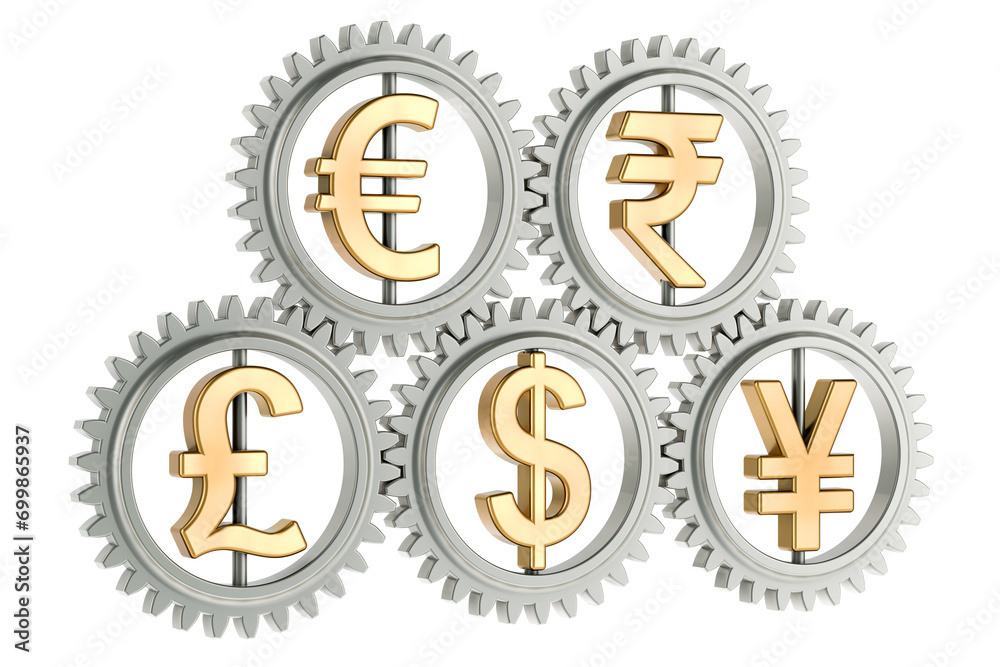 Currency gears, conversion and exchange of currencies, concept. 3D rendering isolated on transparent background Currency gears, conversion and exchange of currencies, concept. 3D rendering isolated on transparent background