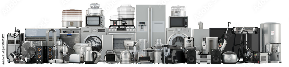 Kitchen and household appliances, silver color, 3D rendering isolated on transparent background - obrazy, fototapety, plakaty 
