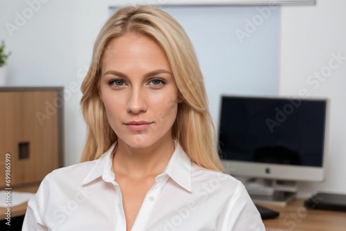 A professional worker in a business office environment wearing formal attire working in an office
