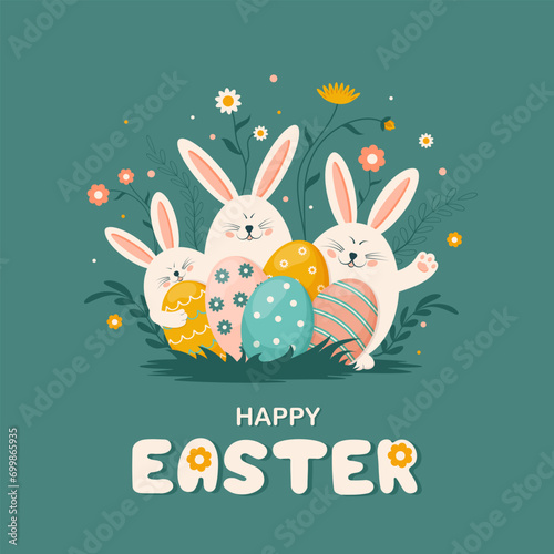Happy Easter greeting card. Vector illustration with Easter bunnies, eggs and flowers on green background. Hand drawn design.