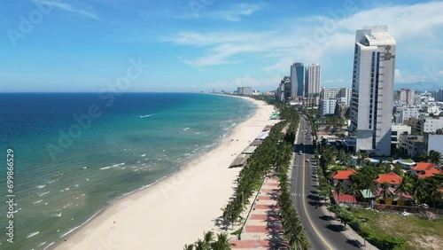Aerial drone view of the beautiful beaches of Da Nang, Vietnam a popular tourist destination for beach goers 