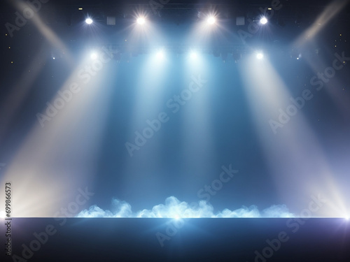 Palco da concerto vuoto con faretti illuminati e fumo. Sfondo del palco con spazio per la pubblicità photo