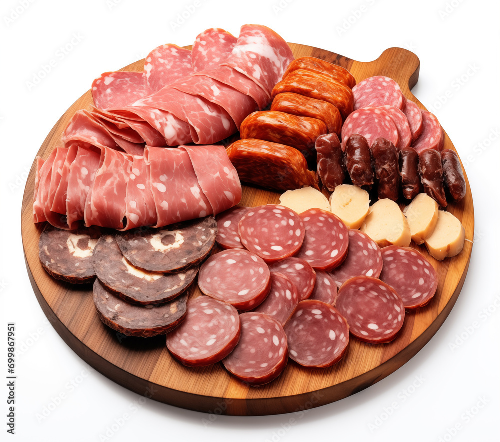 A selection of gourmet cured meats and sausages, elegantly displayed on a wooden cutting board. The assortment includes salami, pepperoni, and other deli favorites.