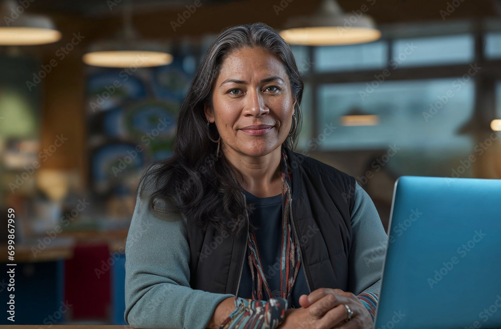Native American Indian woman working in an office