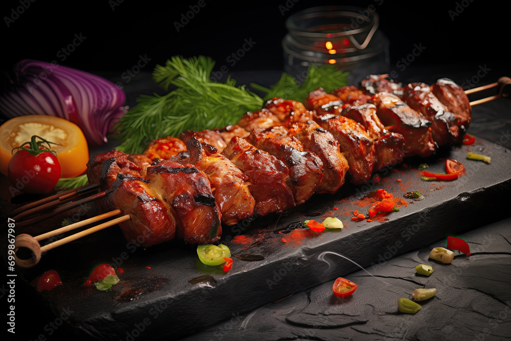 A succulent display of grilled meat skewers shashlik, garnished with a sprinkle of herbs and surrounded by fresh vegetables, presented on a dark, textured surface under moody lighting.