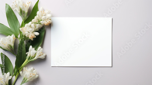 Feuille de papier blanc entourée de fleurs, plantes, branchages. Composition florale. Mock-up pour carte, création et conception graphique. Arrière-plan clair, épuré, naturel.  photo