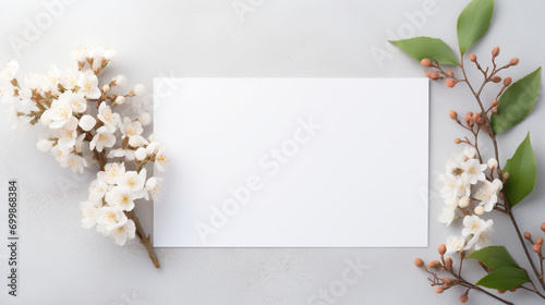 Feuille de papier blanc entourée de fleurs, plantes, branchages. Composition florale. Mock-up pour carte, création et conception graphique. Arrière-plan clair, épuré, naturel. 